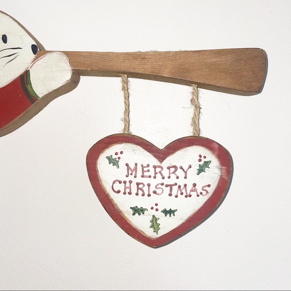 Primitive Wood Bunny Rabbit Wall Hanging Trumpet Merry Christmas Folk Art - Picture 4 of 10